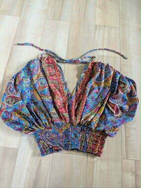Jayli Boho Paisley Smocked Crop Top S/M Puff Sleeve Coquette Festival Blouse